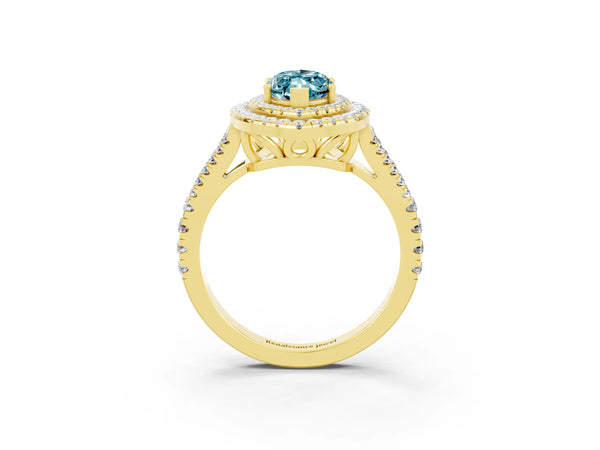 Yellow gold Marquise Cut Blue Topaz Double Halo Ring with Pavé Band and Prong Setting