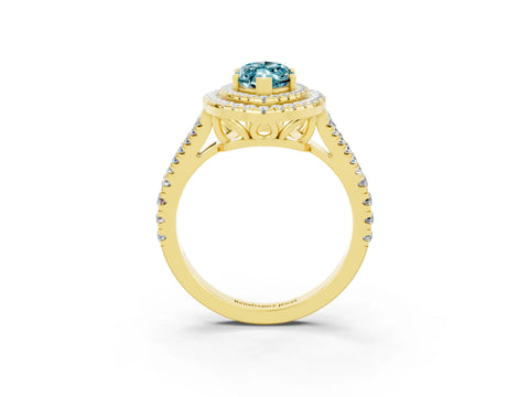 Yellow gold Marquise Cut Blue Topaz Double Halo Ring with Pavé Band and Prong Setting_27