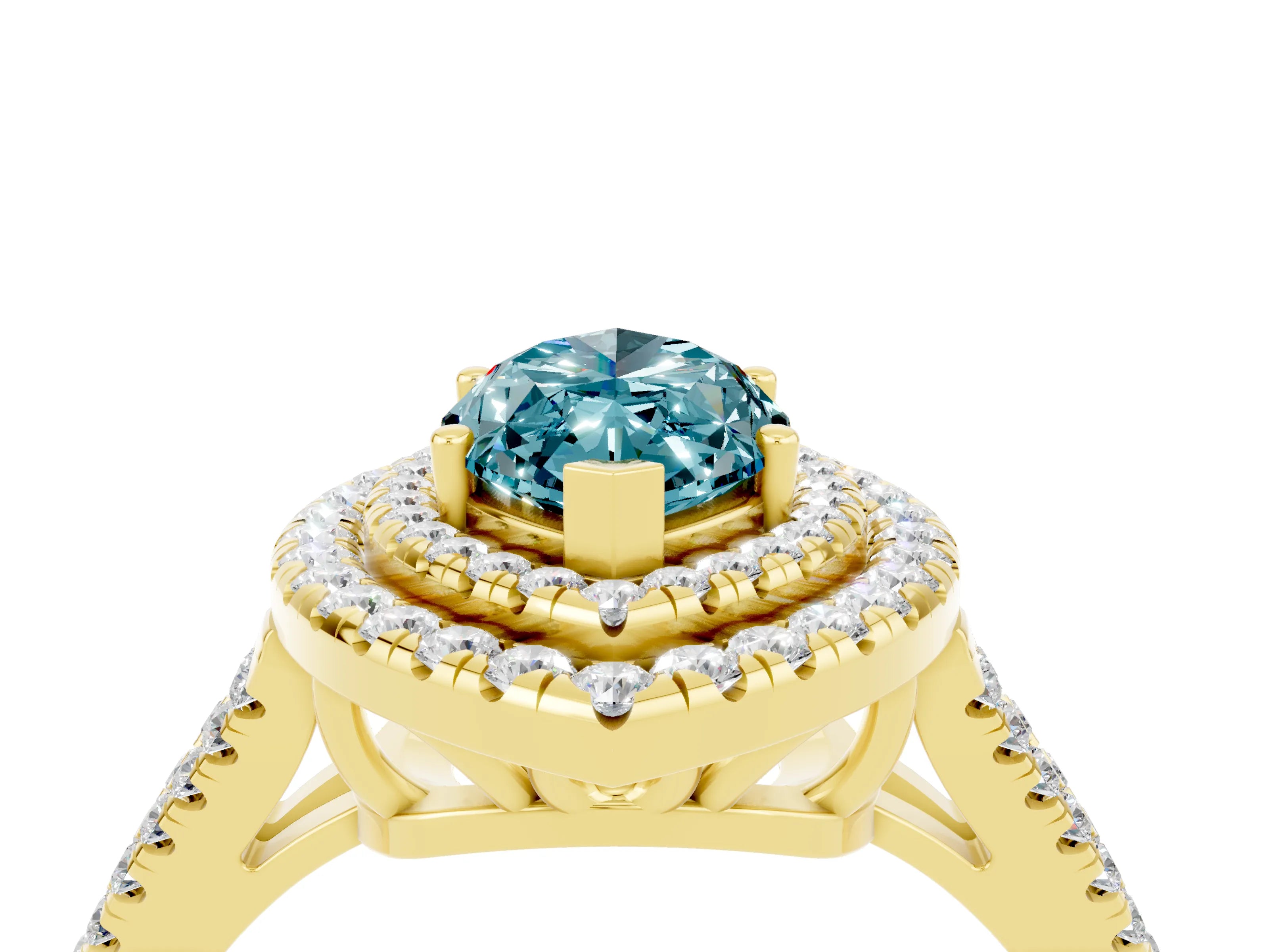Yellow gold Marquise Cut Blue Topaz Double Halo Ring with Pavé Band and Prong Setting_28