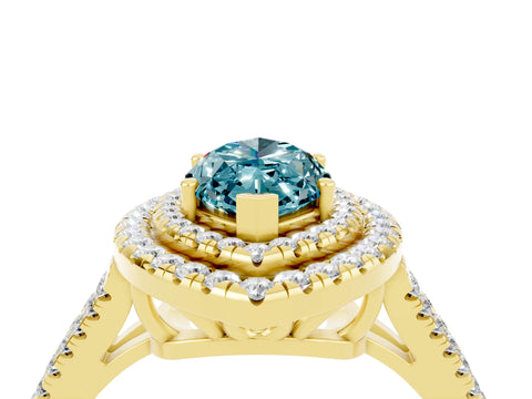 Yellow gold Marquise Cut Blue Topaz Double Halo Ring with Pavé Band and Prong Setting_28