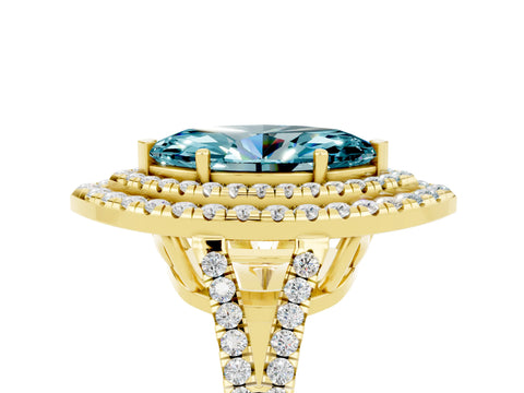 Yellow gold Marquise Cut Blue Topaz Double Halo Ring with Pavé Band and Prong Setting_29