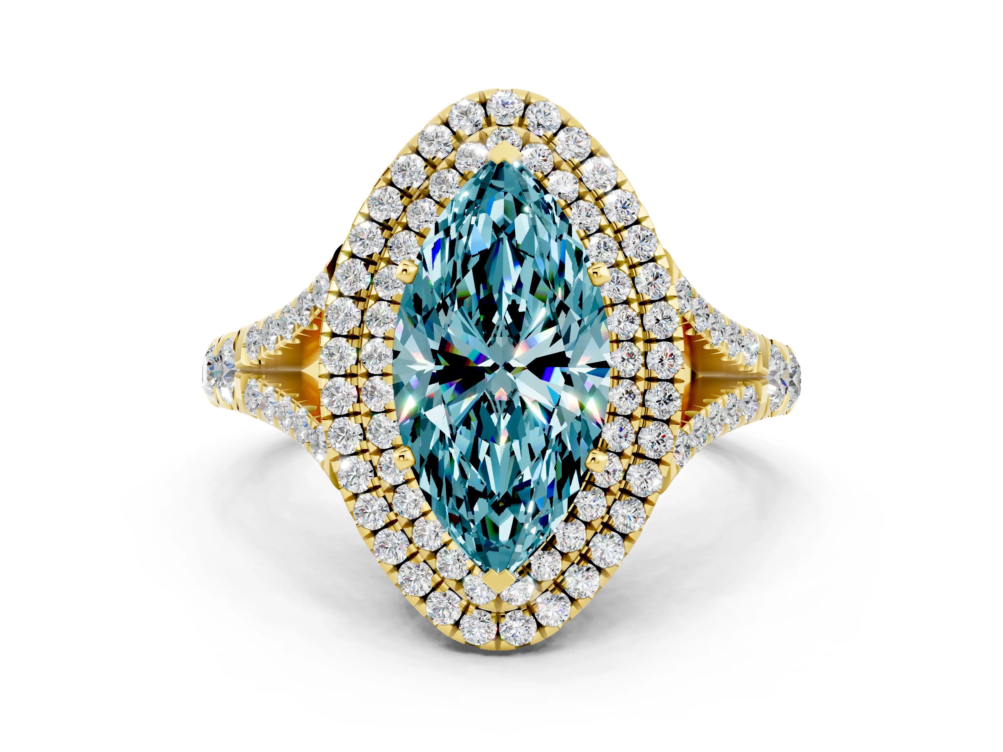 Yellow gold Marquise Cut Blue Topaz Double Halo Ring with Split Shank and Prong Setting_12