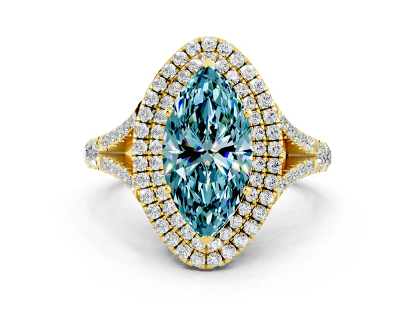 Yellow gold Marquise Cut Blue Topaz Double Halo Ring with Split Shank and Prong Setting