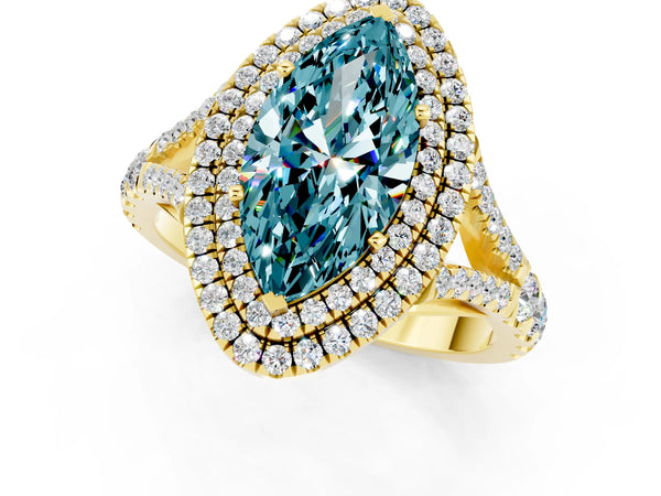 Yellow gold Marquise Cut Blue Topaz Double Halo Ring with Split Shank and Prong Setting