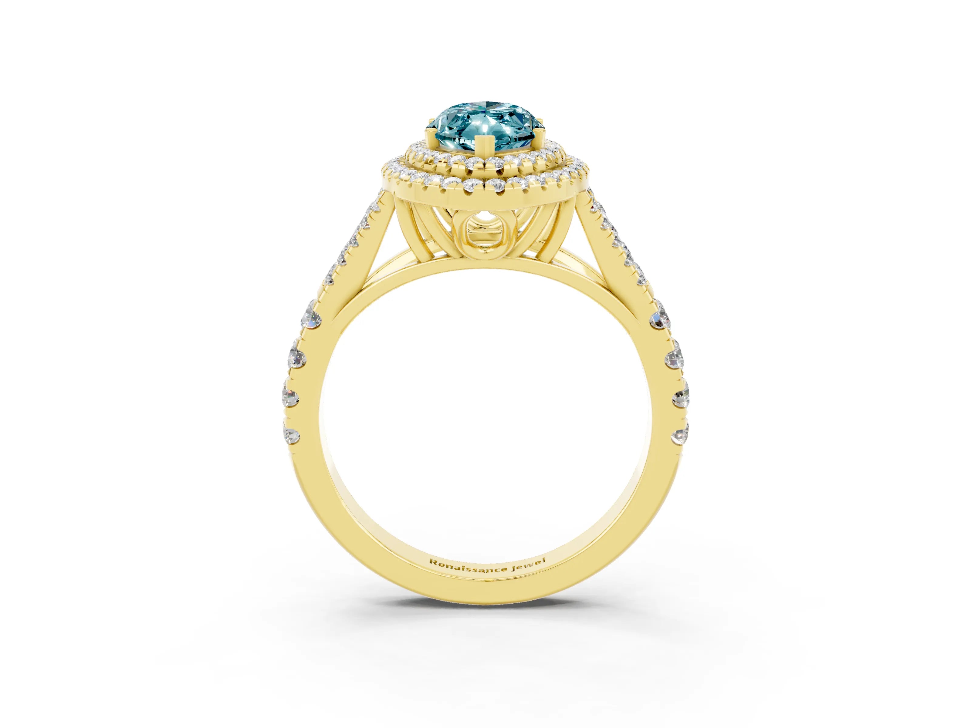 Yellow gold Marquise Cut Blue Topaz Double Halo Ring with Split Shank and Prong Setting_15