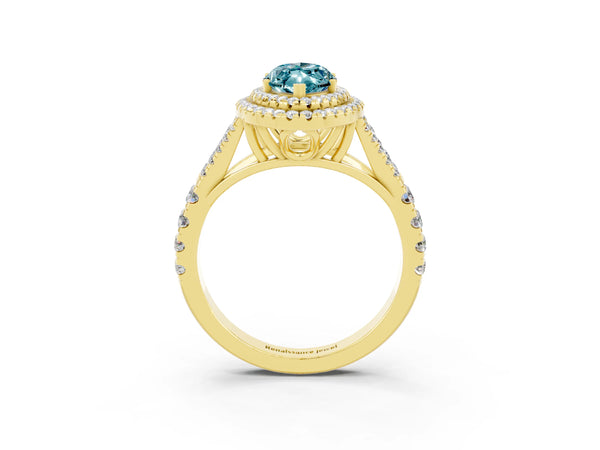Yellow gold Marquise Cut Blue Topaz Double Halo Ring with Split Shank and Prong Setting