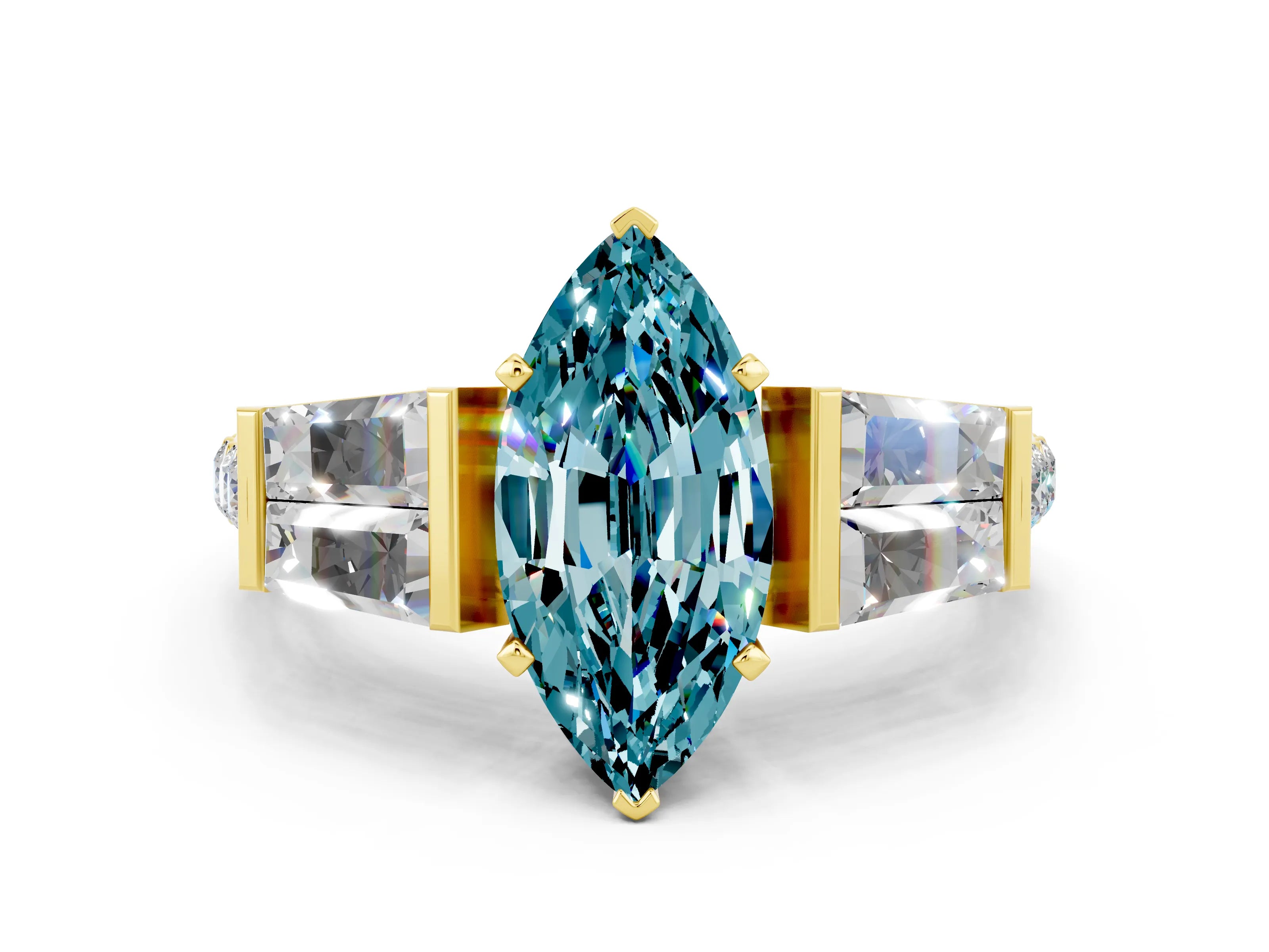 Yellow gold Marquise Cut Blue Topaz Engagement Ring with Baguette Side Stones and Channel Set Band