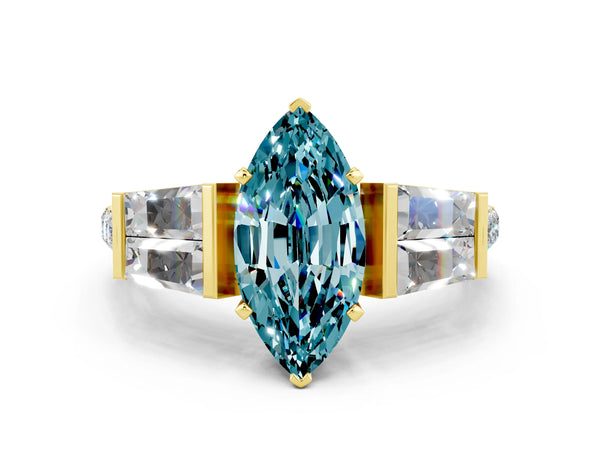Yellow gold Marquise Cut Blue Topaz Engagement Ring with Baguette Side Stones and Channel Set Band