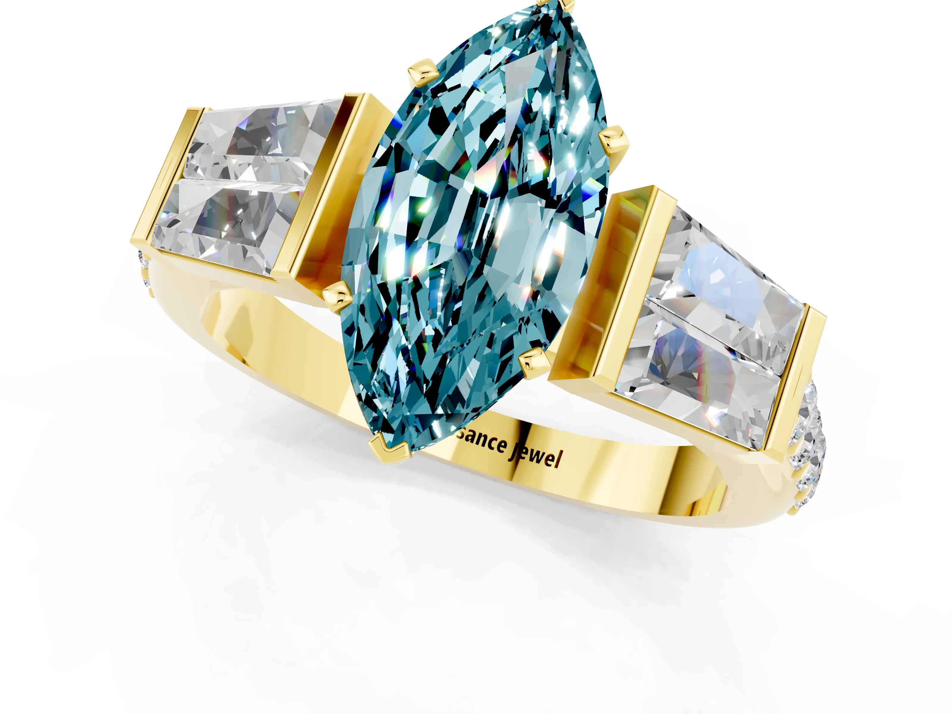 Yellow gold Marquise Cut Blue Topaz Engagement Ring with Baguette Side Stones and Channel Set Band_1