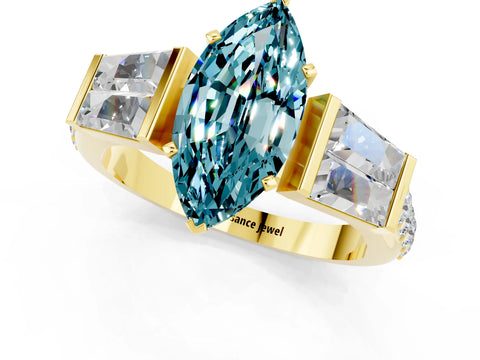 Yellow gold Marquise Cut Blue Topaz Engagement Ring with Baguette Side Stones and Channel Set Band_1