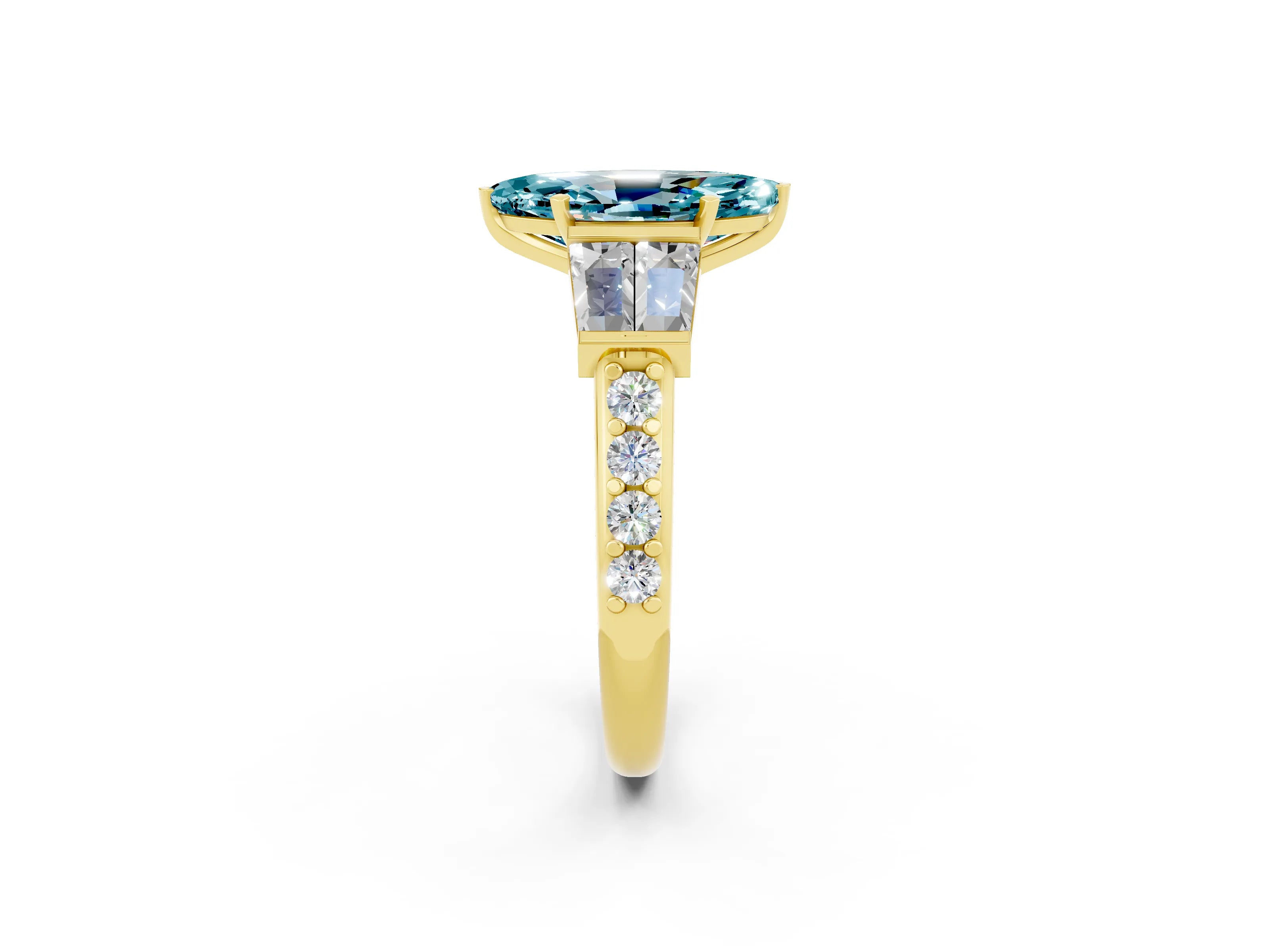 Yellow gold Marquise Cut Blue Topaz Engagement Ring with Baguette Side Stones and Channel Set Band_2