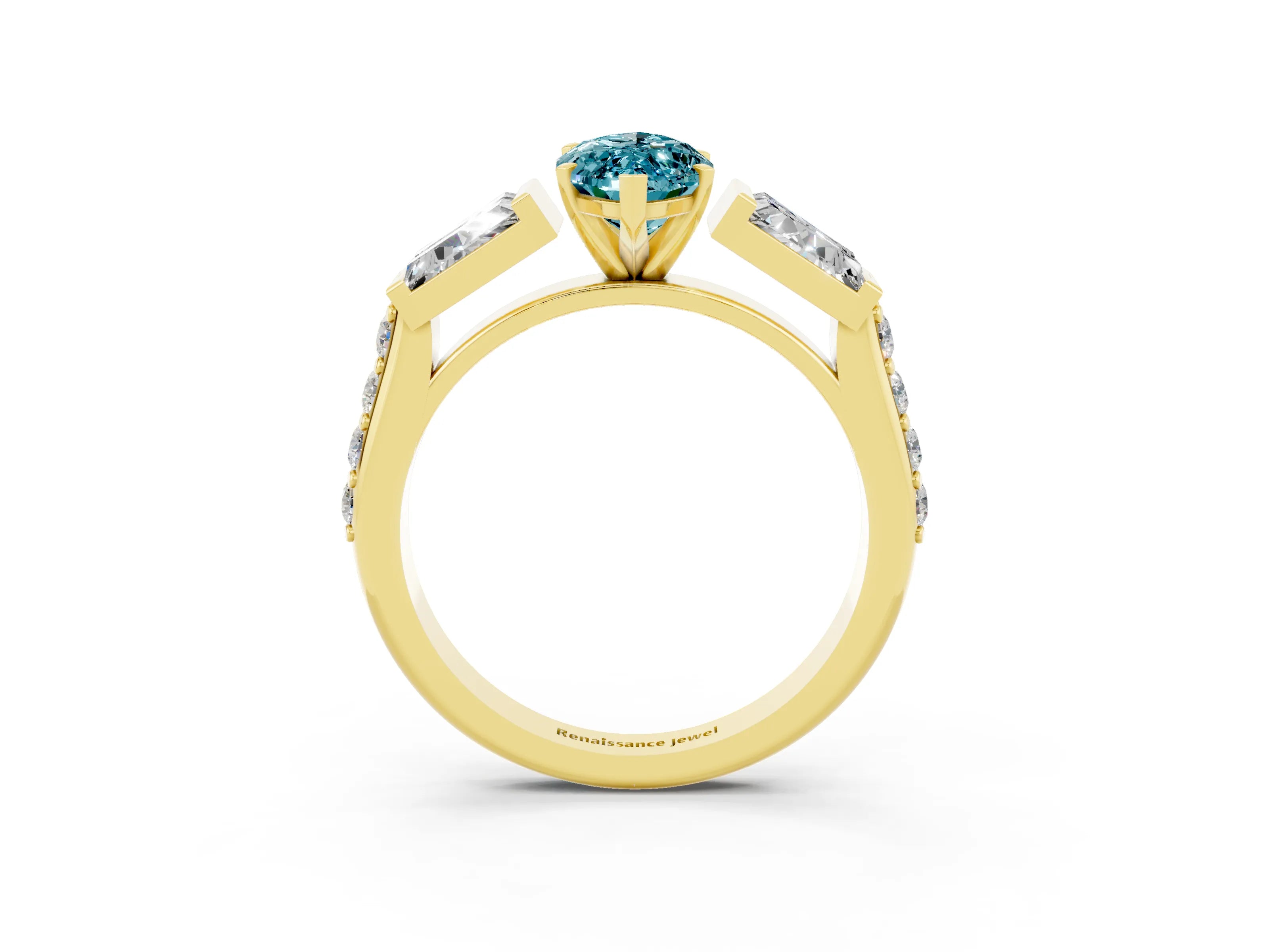 Yellow gold Marquise Cut Blue Topaz Engagement Ring with Baguette Side Stones and Channel Set Band_3