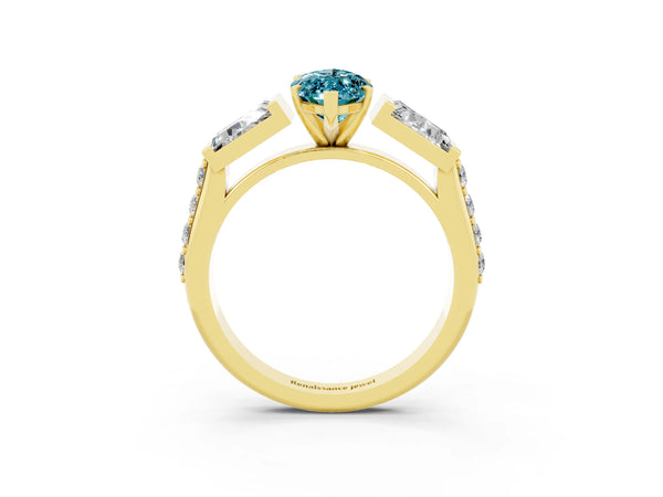 Yellow gold Marquise Cut Blue Topaz Engagement Ring with Baguette Side Stones and Channel Set Band