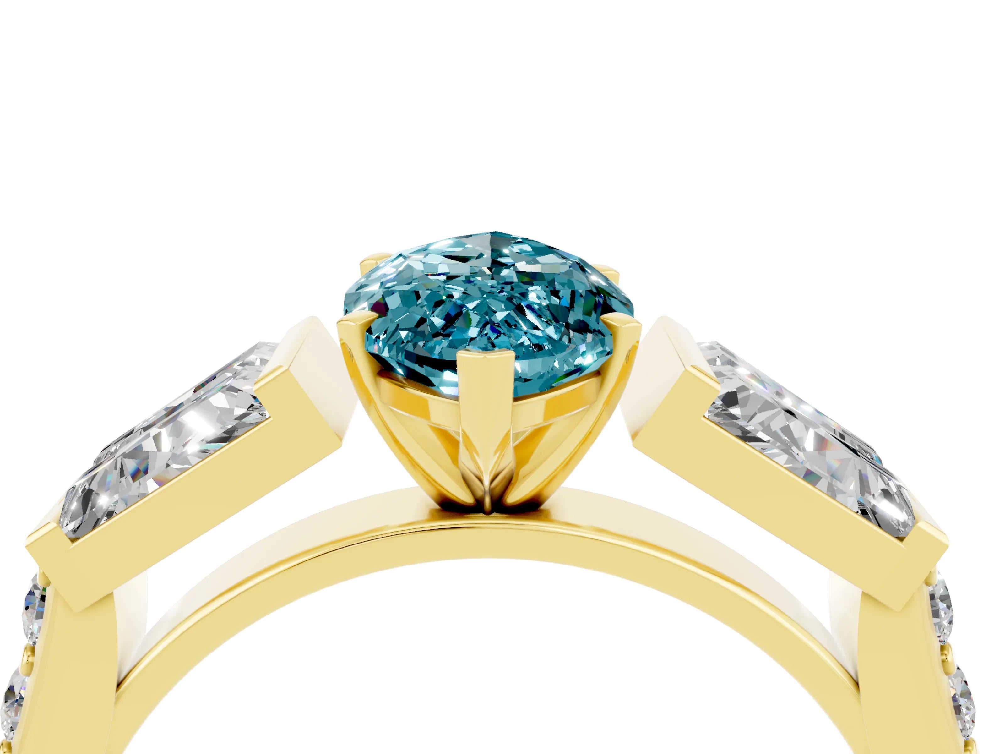 Yellow gold Marquise Cut Blue Topaz Engagement Ring with Baguette Side Stones and Channel Set Band_4