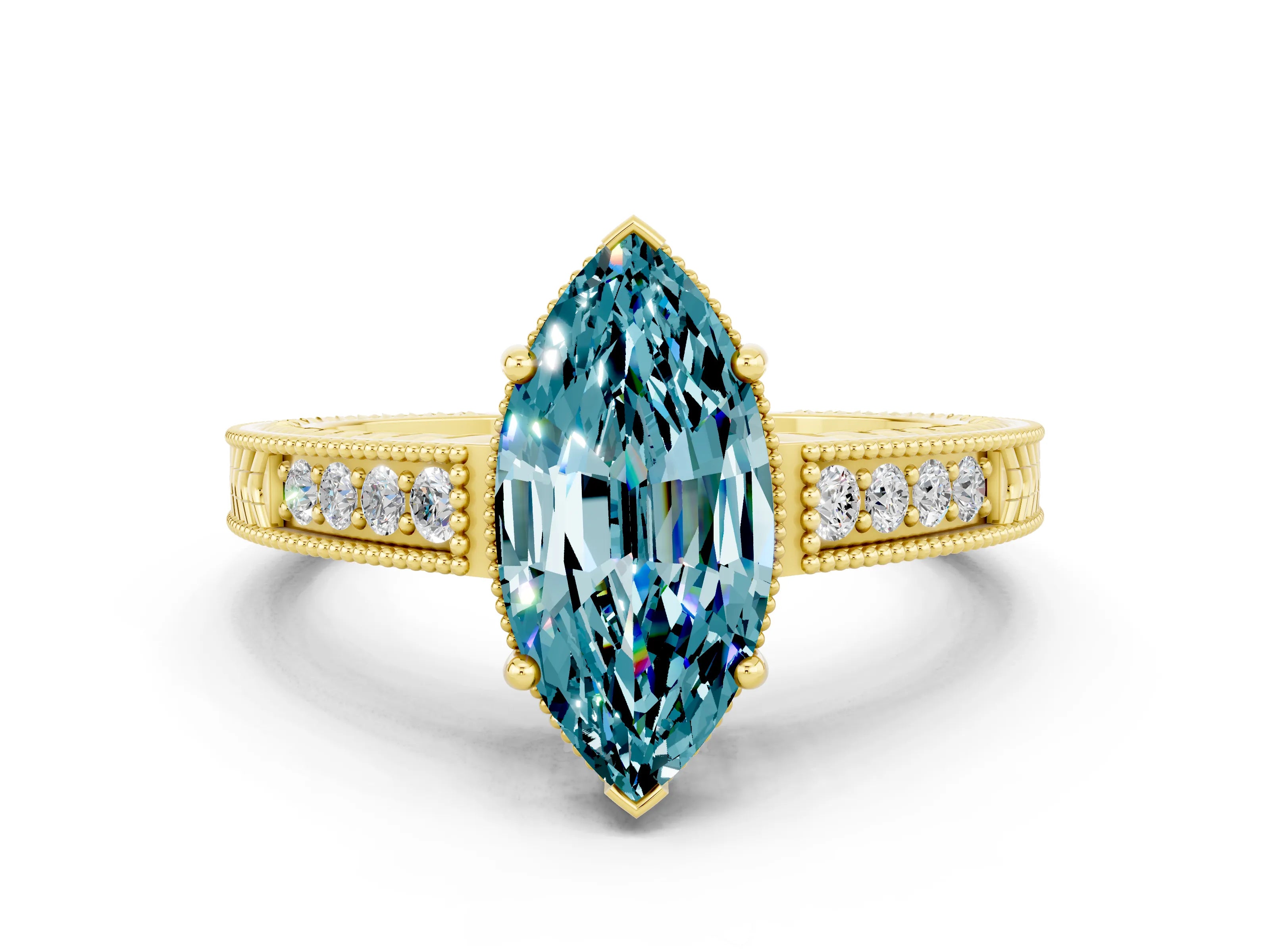 Yellow gold Marquise Cut Blue Topaz Engagement Ring with Milgrain Channel Set Band and Prong Setting