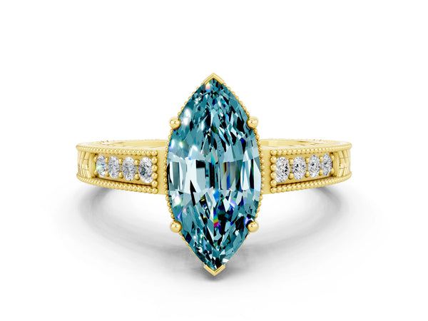 Yellow gold Marquise Cut Blue Topaz Engagement Ring with Milgrain Channel Set Band and Prong Setting