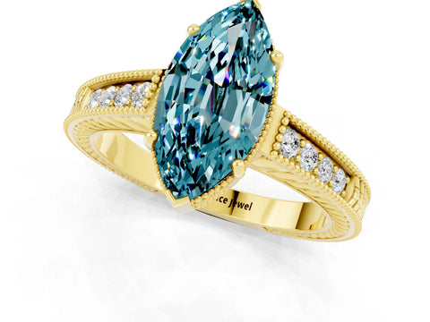 Yellow gold Marquise Cut Blue Topaz Engagement Ring with Milgrain Channel Set Band and Prong Setting_1