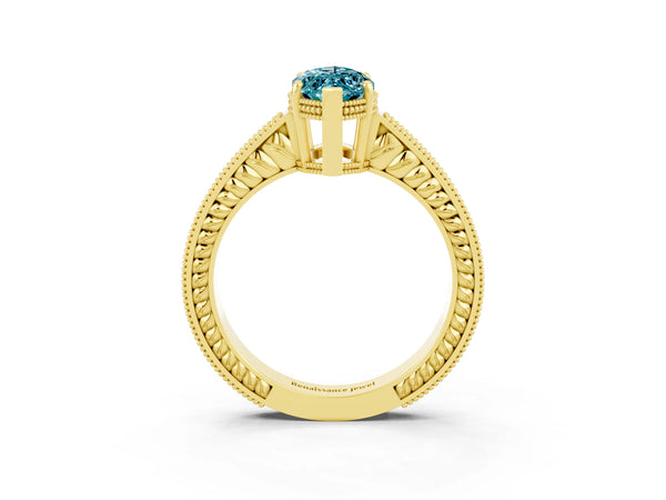 Yellow gold Marquise Cut Blue Topaz Engagement Ring with Milgrain Channel Set Band and Prong Setting