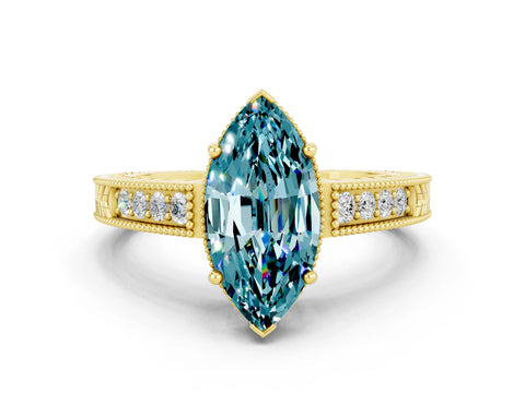 Yellow gold Marquise Cut Blue Topaz Engagement Ring with Milgrain Channel Set Band and Prong Setting