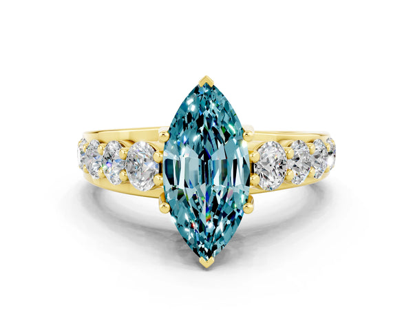 Yellow gold Marquise Cut Blue Topaz Engagement Ring with Pavé Band and Four-Prong Setting
