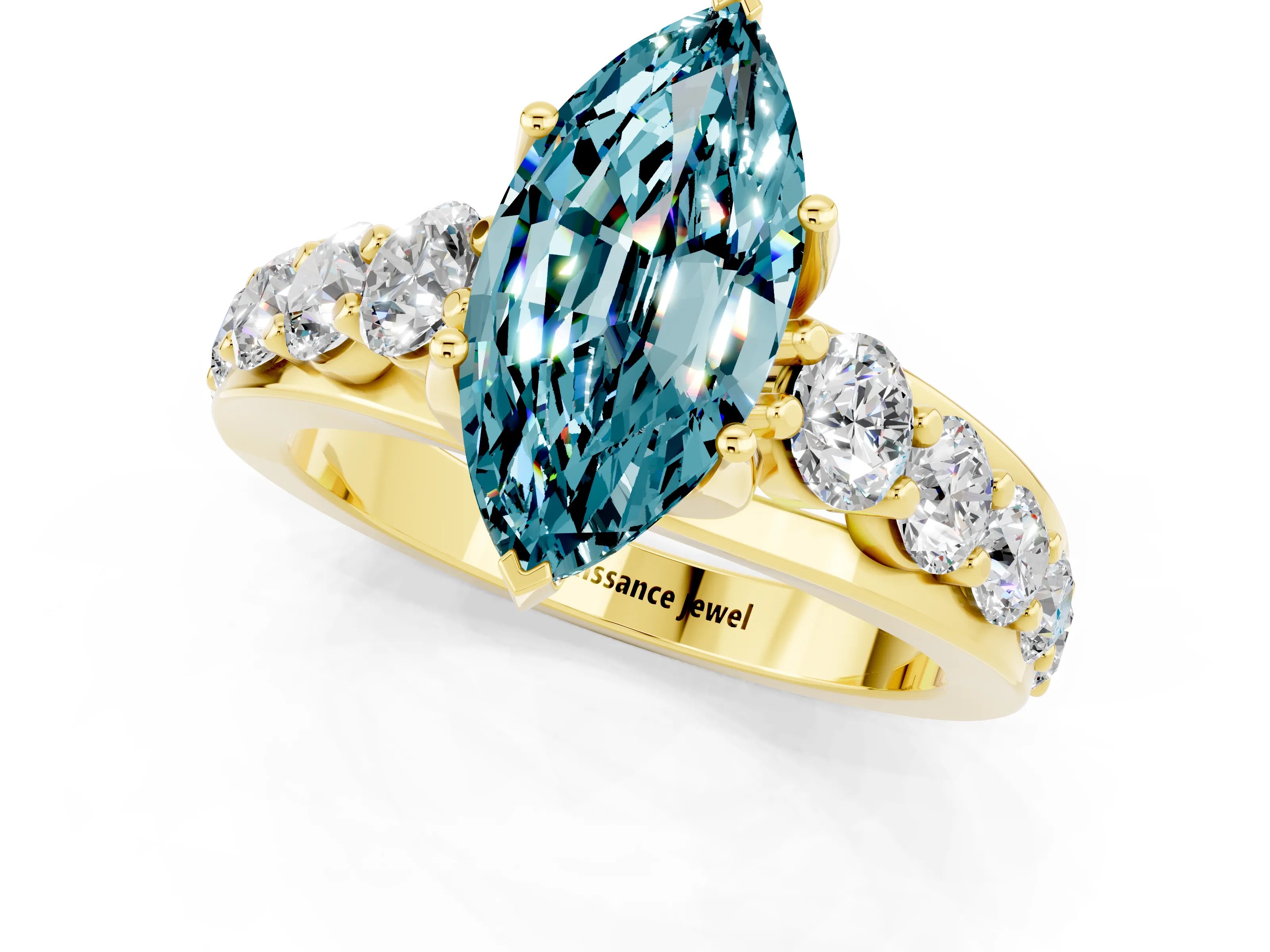 Yellow gold Marquise Cut Blue Topaz Engagement Ring with Pavé Band and Four-Prong Setting_1