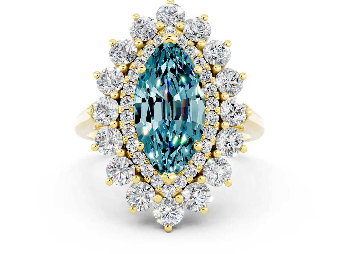 Yellow gold Marquise Cut Blue Topaz Floral Double Halo Engagement Ring with Prong Setting_60