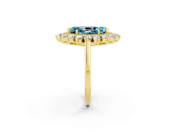 Yellow gold Marquise Cut Blue Topaz Floral Double Halo Engagement Ring with Prong Setting