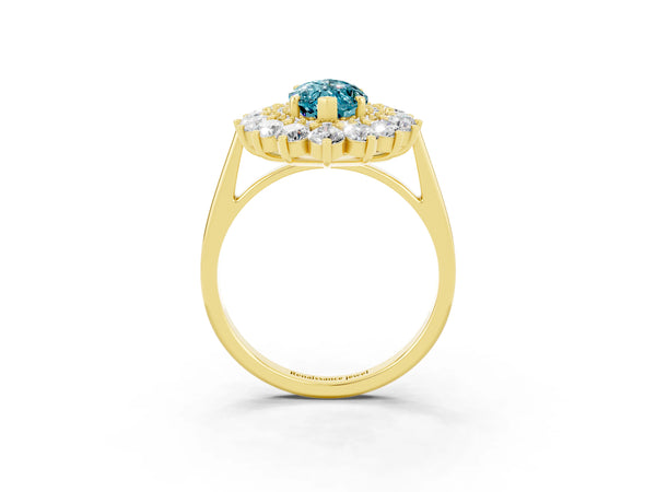 Yellow gold Marquise Cut Blue Topaz Floral Double Halo Engagement Ring with Prong Setting