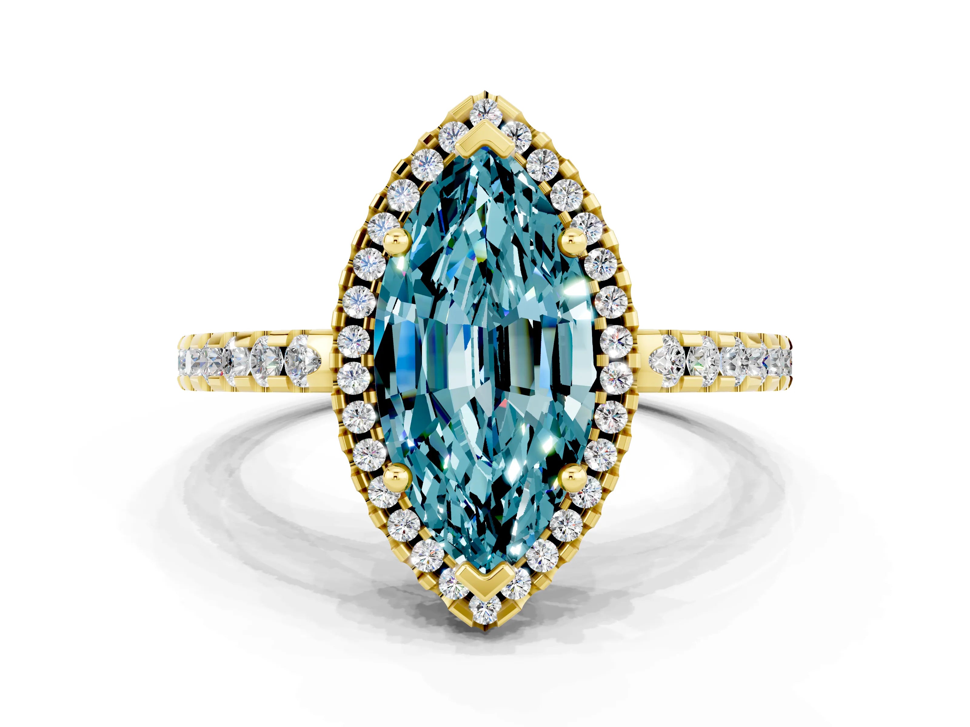 Yellow gold Marquise Cut Blue Topaz Halo Engagement Ring with Pavé Band and Prong Setting_12
