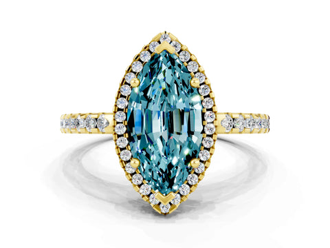 Yellow gold Marquise Cut Blue Topaz Halo Engagement Ring with Pavé Band and Prong Setting_12