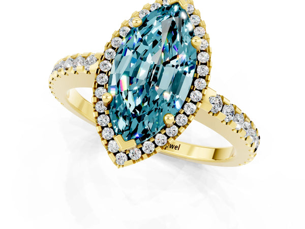 Yellow gold Marquise Cut Blue Topaz Halo Engagement Ring with Pavé Band and Prong Setting