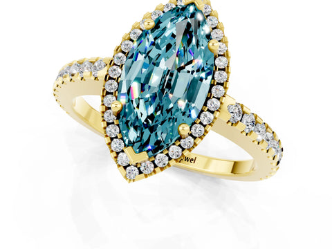 Yellow gold Marquise Cut Blue Topaz Halo Engagement Ring with Pavé Band and Prong Setting_13
