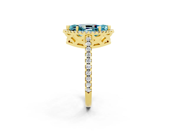 Yellow gold Marquise Cut Blue Topaz Halo Engagement Ring with Pavé Band and Prong Setting