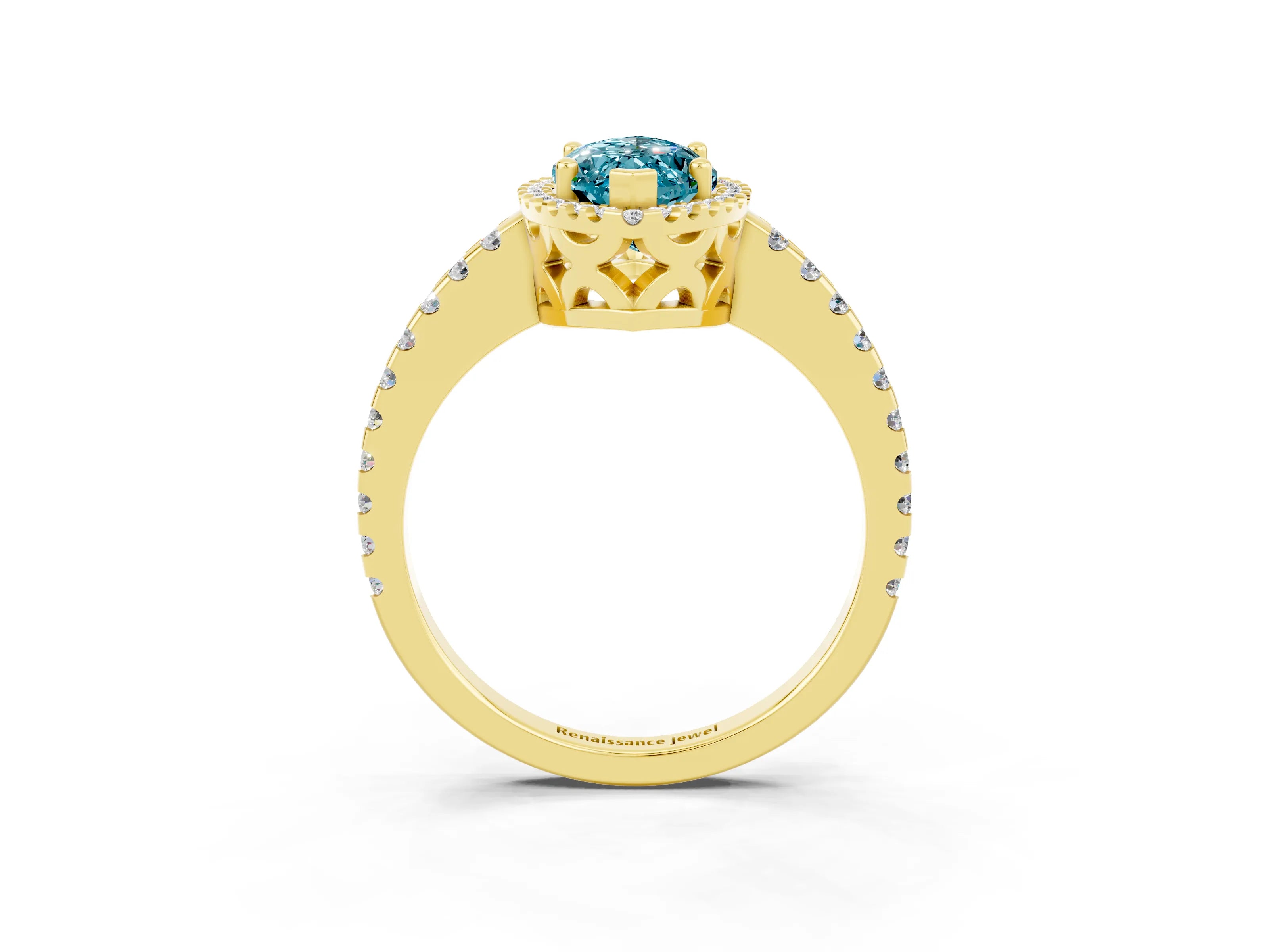 Yellow gold Marquise Cut Blue Topaz Halo Engagement Ring with Pavé Band and Prong Setting_15