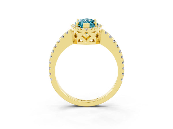 Yellow gold Marquise Cut Blue Topaz Halo Engagement Ring with Pavé Band and Prong Setting