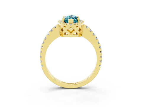 Yellow gold Marquise Cut Blue Topaz Halo Engagement Ring with Pavé Band and Prong Setting_15