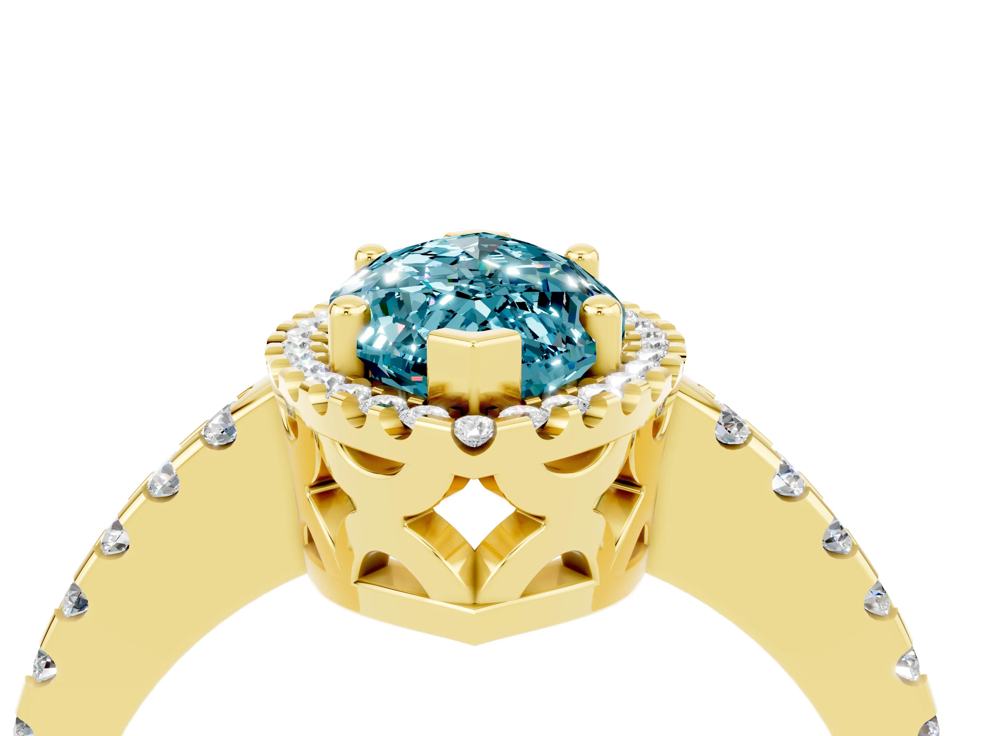 Yellow gold Marquise Cut Blue Topaz Halo Engagement Ring with Pavé Band and Prong Setting_16