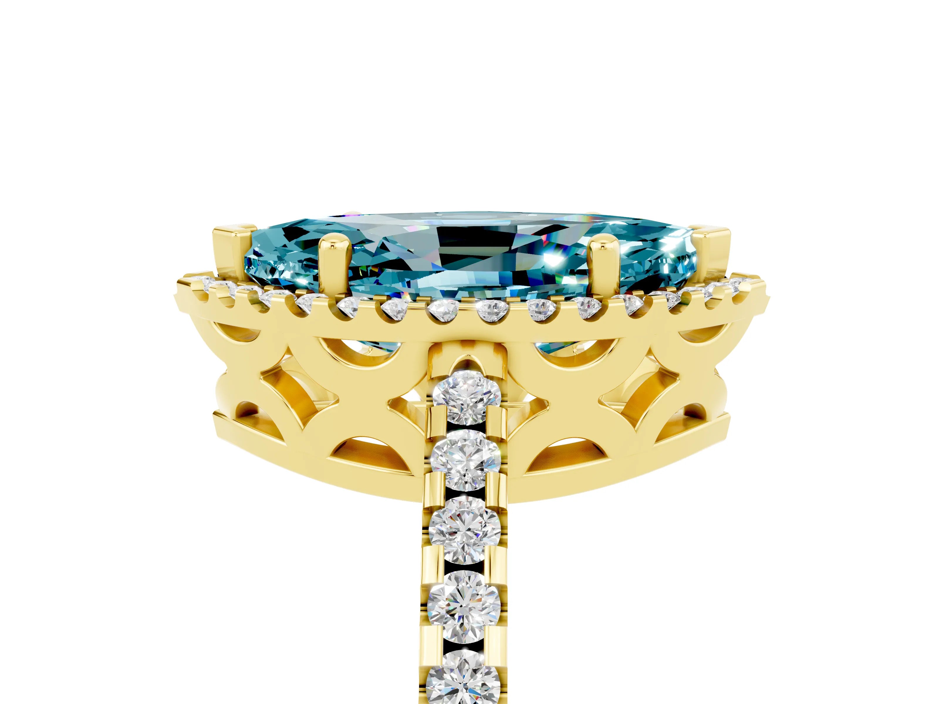 Yellow gold Marquise Cut Blue Topaz Halo Engagement Ring with Pavé Band and Prong Setting_17