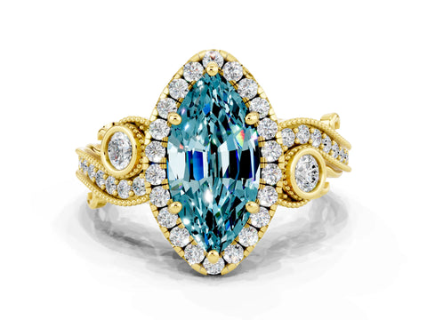 Yellow gold Marquise Cut Blue Topaz Halo Ring with Milgrain Pavé Band and Four-Prong Setting_12