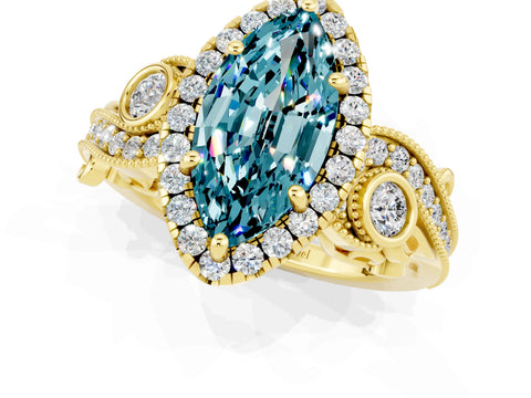 Yellow gold Marquise Cut Blue Topaz Halo Ring with Milgrain Pavé Band and Four-Prong Setting_13