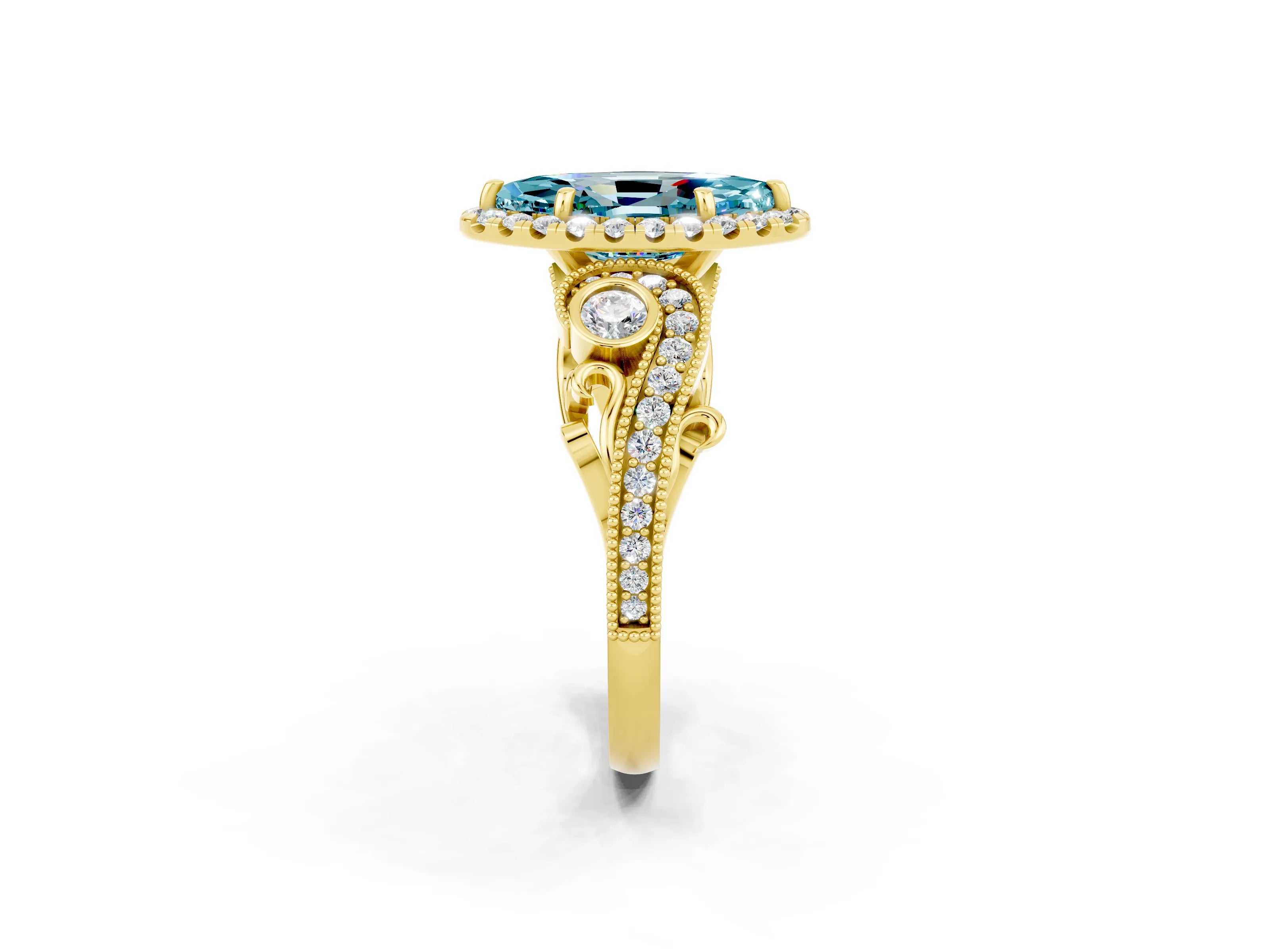 Yellow gold Marquise Cut Blue Topaz Halo Ring with Milgrain Pavé Band and Four-Prong Setting_14