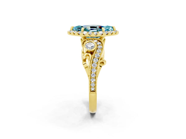 Yellow gold Marquise Cut Blue Topaz Halo Ring with Milgrain Pavé Band and Four-Prong Setting