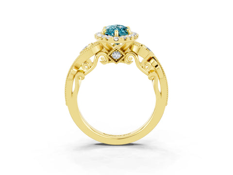 Yellow gold Marquise Cut Blue Topaz Halo Ring with Milgrain Pavé Band and Four-Prong Setting_15