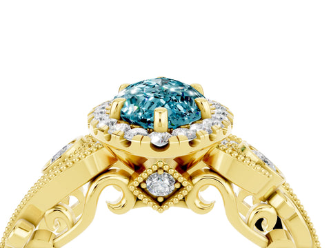 Yellow gold Marquise Cut Blue Topaz Halo Ring with Milgrain Pavé Band and Four-Prong Setting_16