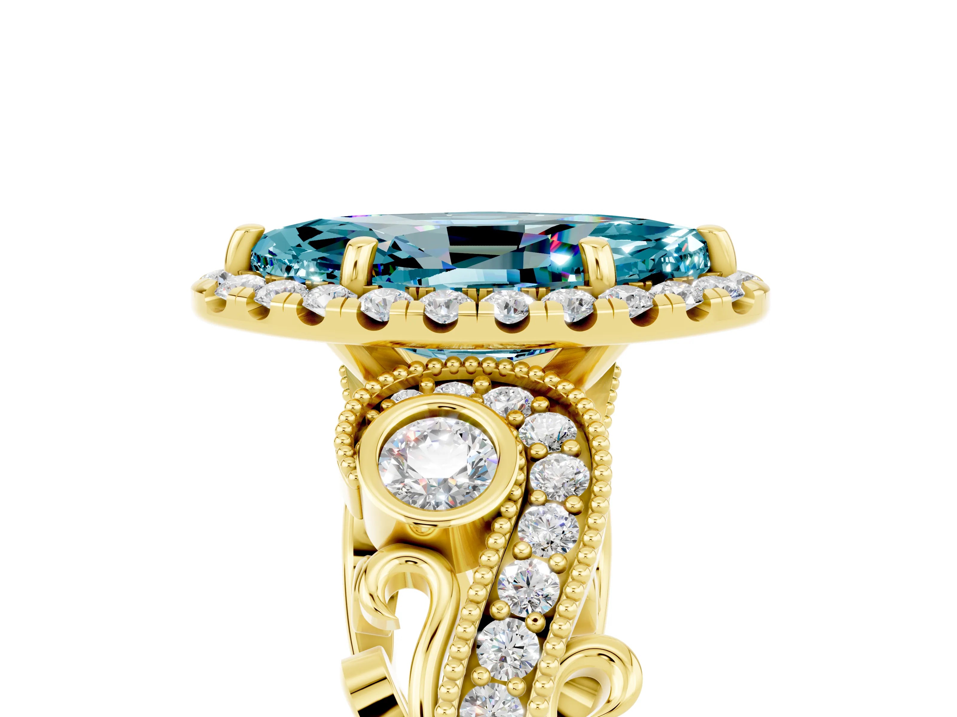 Yellow gold Marquise Cut Blue Topaz Halo Ring with Milgrain Pavé Band and Four-Prong Setting_17