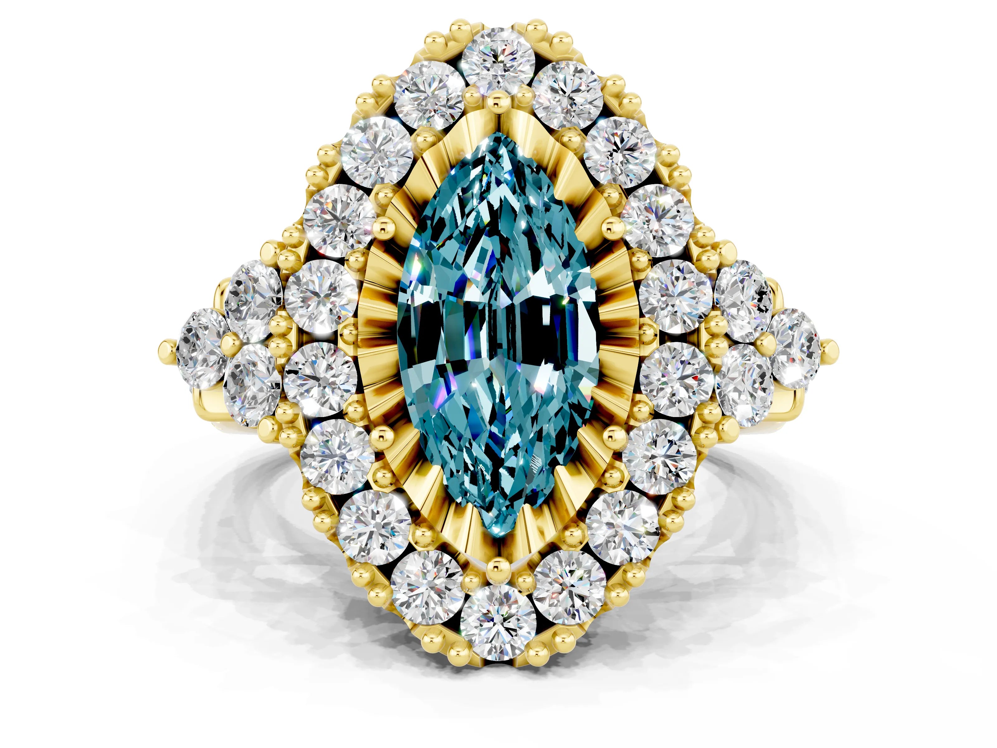 Yellow gold Marquise Cut Blue Topaz Halo Ring with Pavé Band and Four-Prong Setting_12