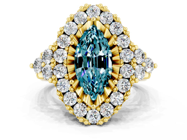Yellow gold Marquise Cut Blue Topaz Halo Ring with Pavé Band and Four-Prong Setting