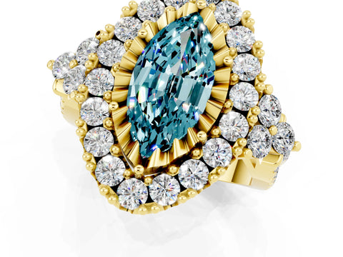Yellow gold Marquise Cut Blue Topaz Halo Ring with Pavé Band and Four-Prong Setting_13