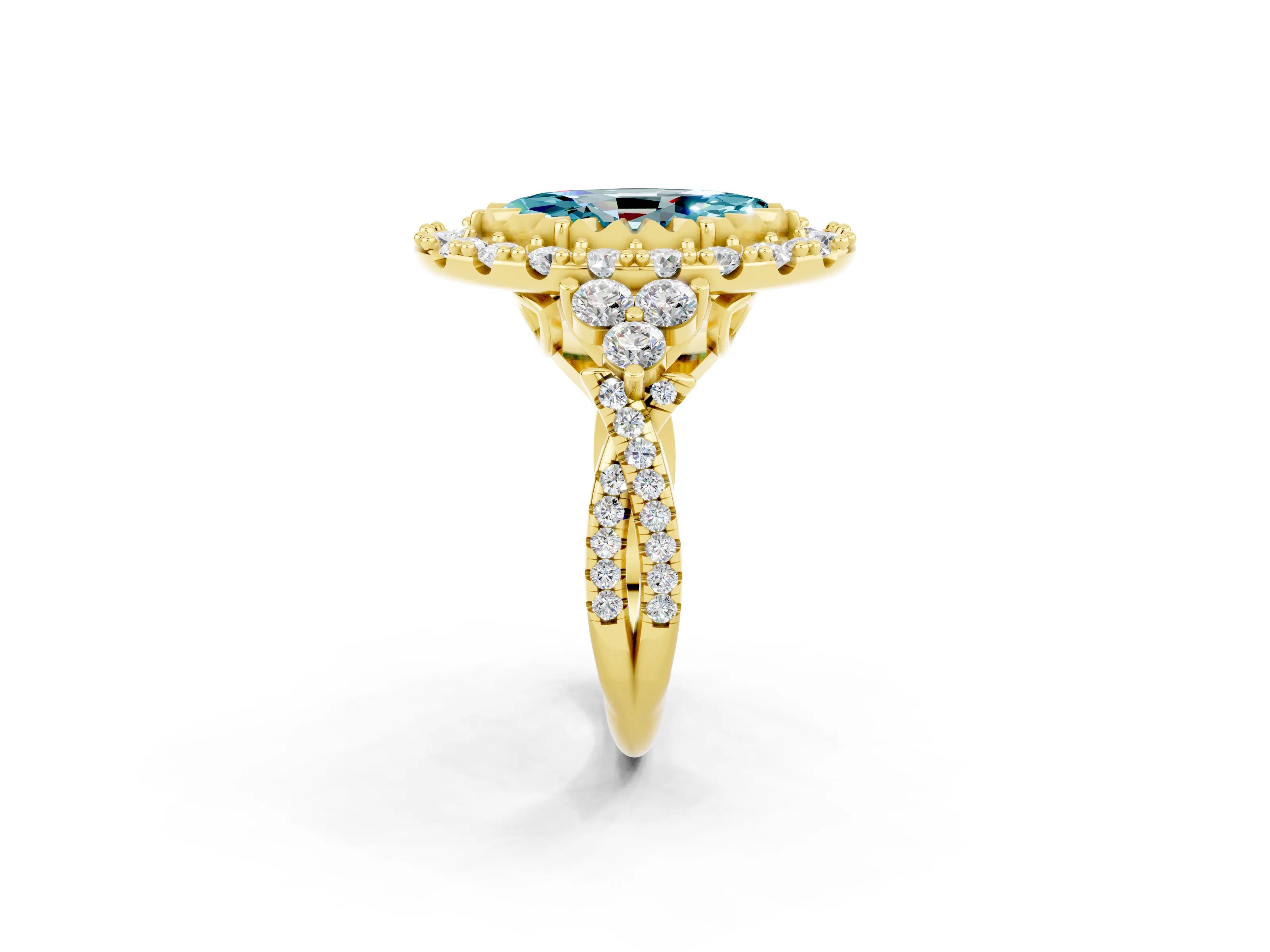 Yellow gold Marquise Cut Blue Topaz Halo Ring with Pavé Band and Four-Prong Setting_14