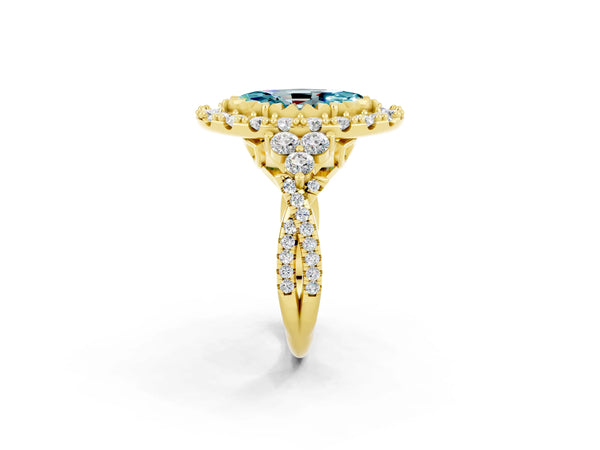 Yellow gold Marquise Cut Blue Topaz Halo Ring with Pavé Band and Four-Prong Setting